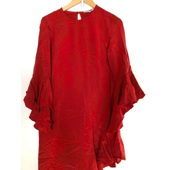 Alexis Hazel Asymmetric Dress Ruffle Trim Bell Sleeve Red M - Picture 7 of 12